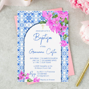 Invitación Baptismo Azulejos azules y elegante Bougainvillea