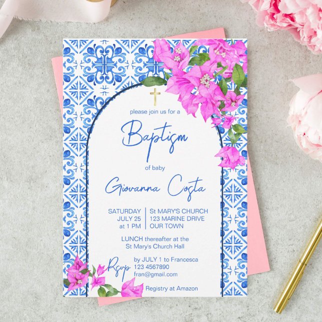 Invitación Baptismo Azulejos azules y elegante Bougainvillea (Subido por el creador)