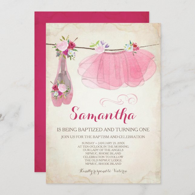 Invitación Baptismo balneario de Ballerina y zapatos de balle (Anverso / Reverso)