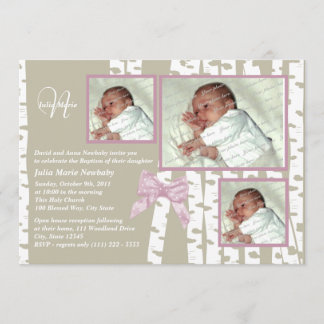 Invitación Baptismo Bebé Birch Photo Pink