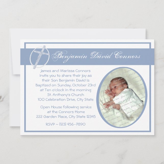 Invitación Baptismo Bebé Foto Azul (Anverso)