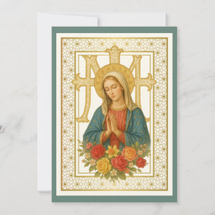 Invitación Baptismo Bendita Madre Jesús Flor Azul Rosa