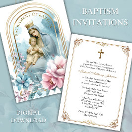 Invitación Baptismo Bendita Madre Jesús Flor Azul Rosa