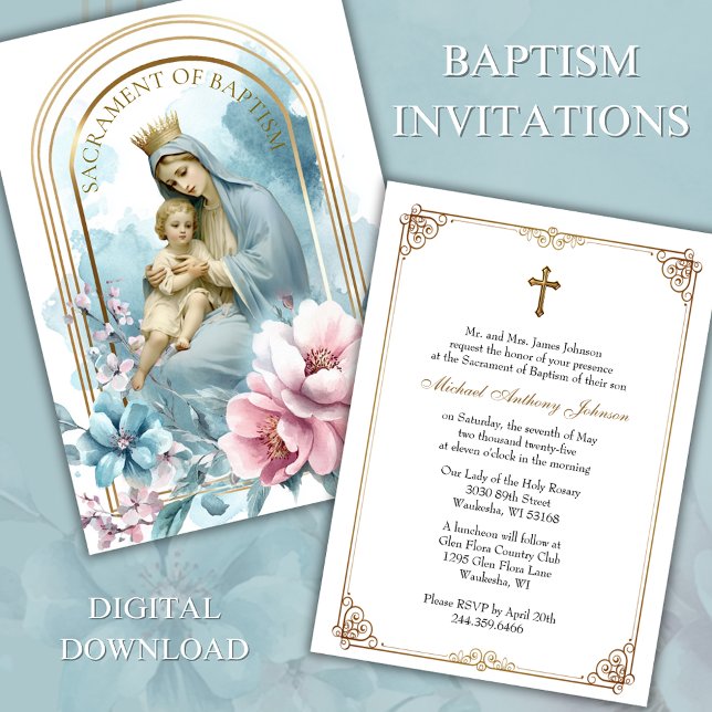 Invitación Baptismo Bendita Madre Jesús Flor Azul Rosa (Subido por el creador)
