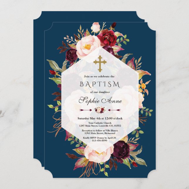 Invitación Baptismo benil de la Marina Geométrica Floral de R (Anverso / Reverso)