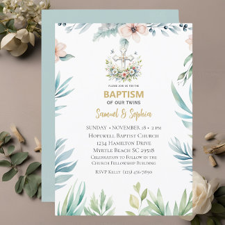 Invitación Baptismo Blue Pink Floral Cross Twins