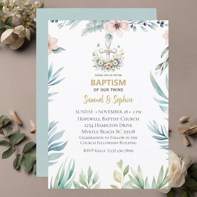 Invitación Baptismo Blue Pink Floral Cross Twins (Subido por el creador)