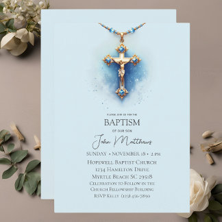 Invitación Baptismo Blue Religious Cross Boys
