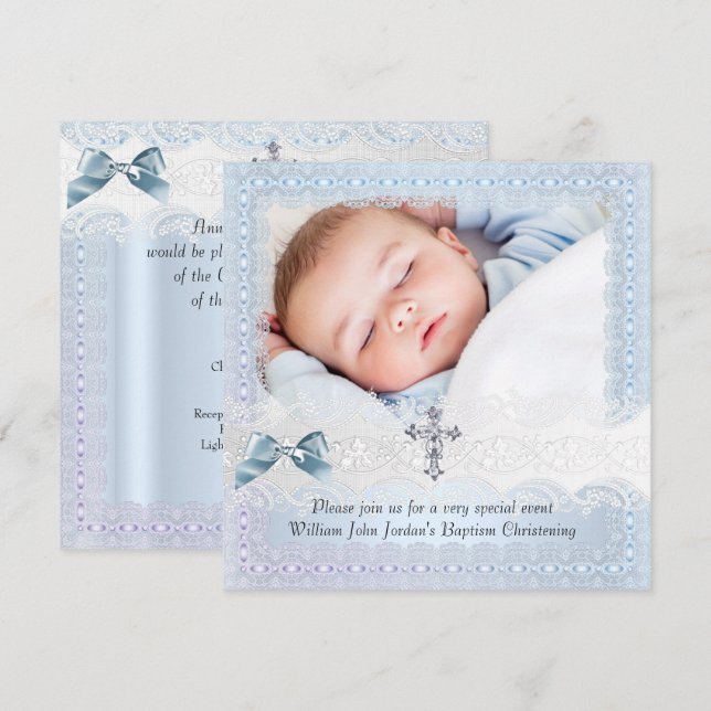 Invitación Baptismo Blue White Lace Foto Jewall Cross Boy 2 (Anverso / Reverso)