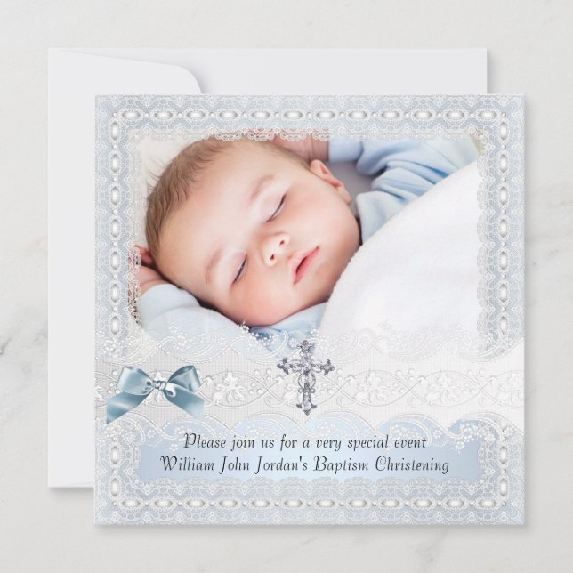 Invitación Baptismo Blue White Lace Foto Jewall Cross Boy 3 (Anverso)