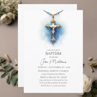 Invitación Baptismo Blue White Religious Cross Boys