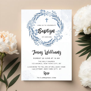 Invitación Baptismo bonito de las flores azules