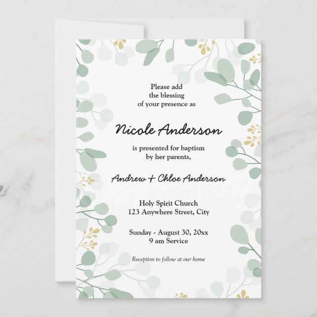 Invitación Baptismo botánico aéreo (Anverso)