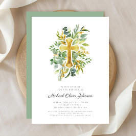 Invitación Baptismo botánico de la cruz religiosa
