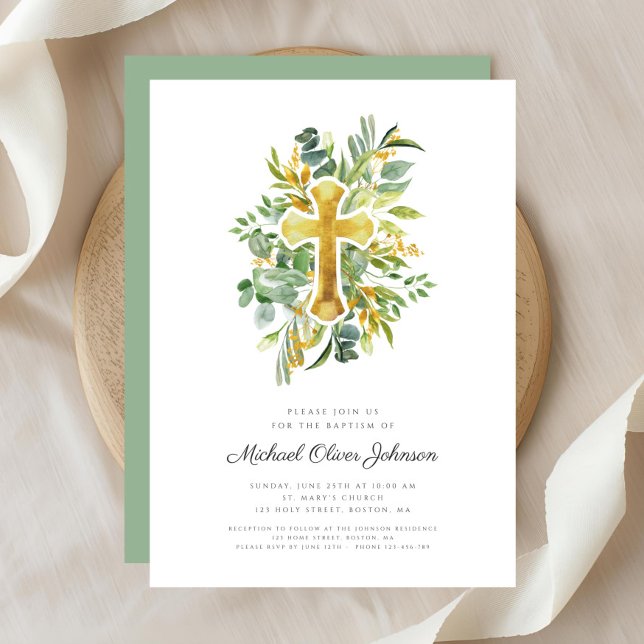 Invitación Baptismo botánico de la cruz religiosa (Religious Cross Greenery Botanical Baptism Invitation)