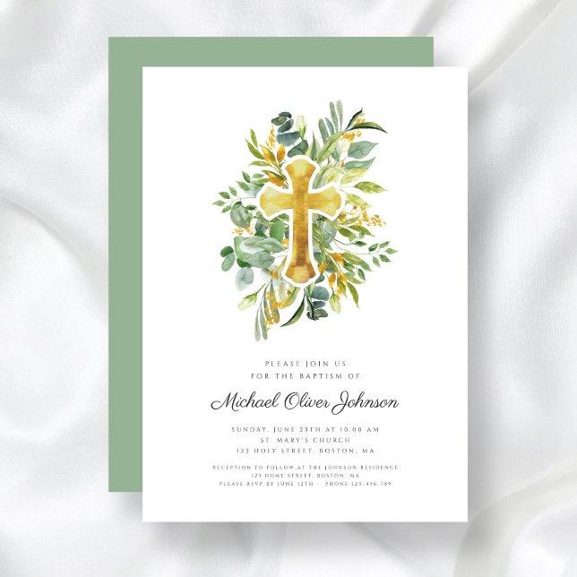 Invitación Baptismo botánico de la cruz religiosa (Religious Cross Greenery Botanical Baptism Invitation)