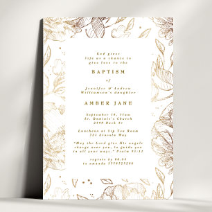 Invitación Baptismo botánico elegante con flores de oro perso