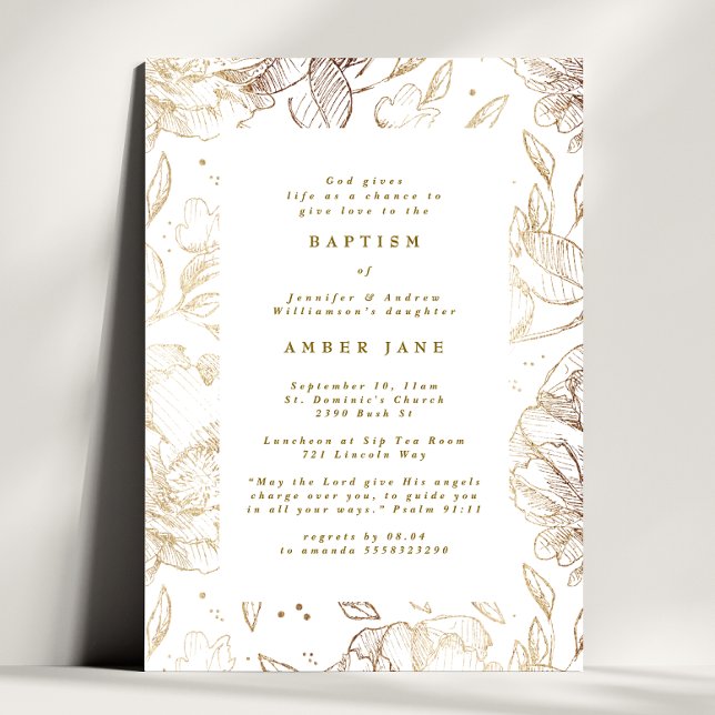 Invitación Baptismo botánico elegante con flores de oro perso (Subido por el creador)