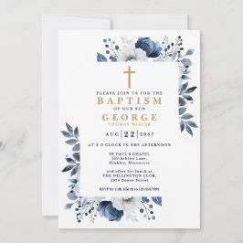 Invitación Baptismo botánico moderno con elegancia floral azu
