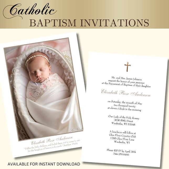 Invitación Baptismo católico Bebé Fotos cruces de las Escritu (Traditional Catholic Baby Baptism Invitations with photo - Gold Crucifix and Scripture Verse)