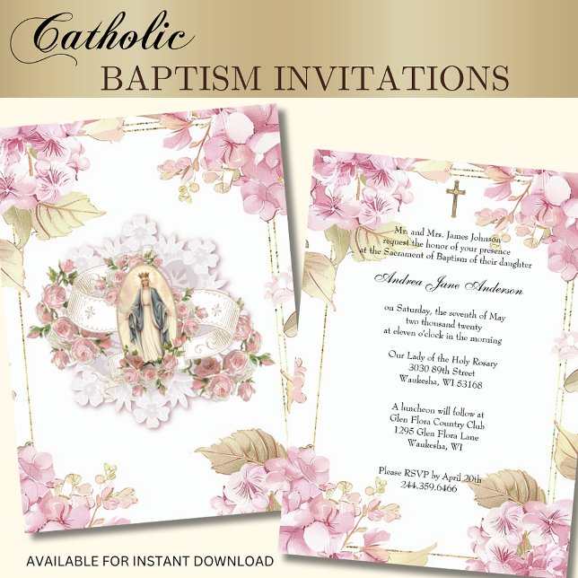 Invitación Baptismo católico Christening Blessed Mary Floral (Subido por el creador)
