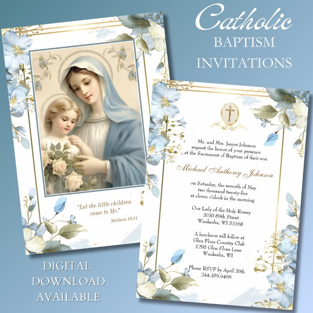 Invitación Baptismo católico Cristiano María Jesús Azul (Subido por el creador)