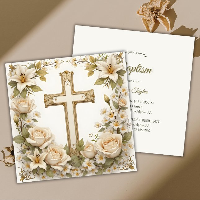 Invitación Baptismo católico de la Cruz Floral (Floral Cross Catholic Baptism Christening Invitation)