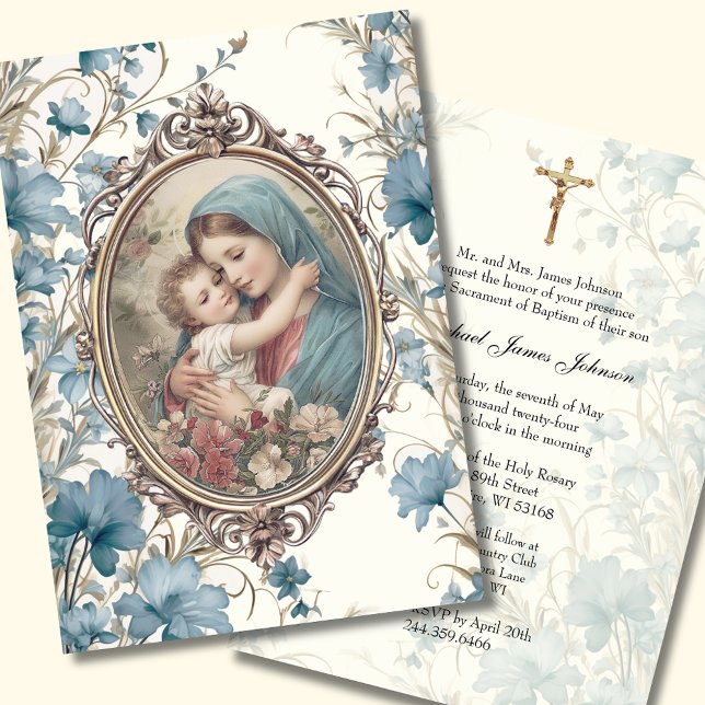 Invitación Baptismo católico Floral Azul cristiana Bebé (Subido por el creador)
