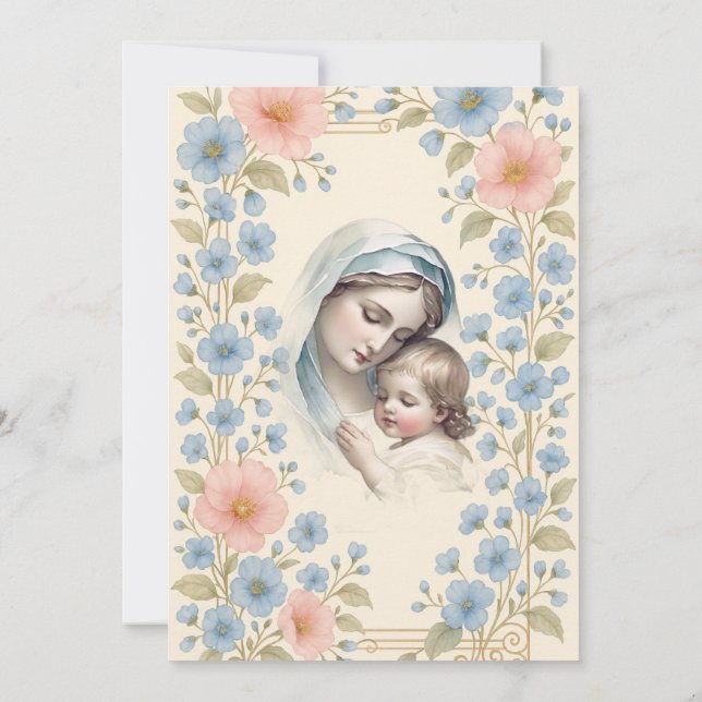 Invitación Baptismo Católico Floral Jesus Blessed Mother (Reverso)