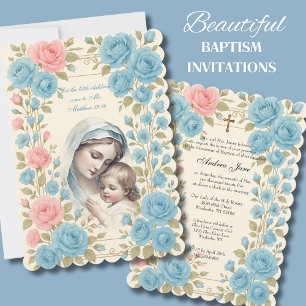 Invitación Baptismo Católico Floral Jesus Blessed Mother