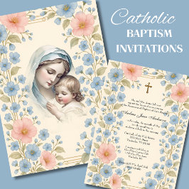 Invitación Baptismo Católico Floral Jesus Blessed Mother