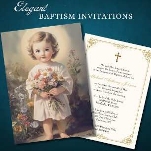Invitación Baptismo Católico Niño Floral Jesús