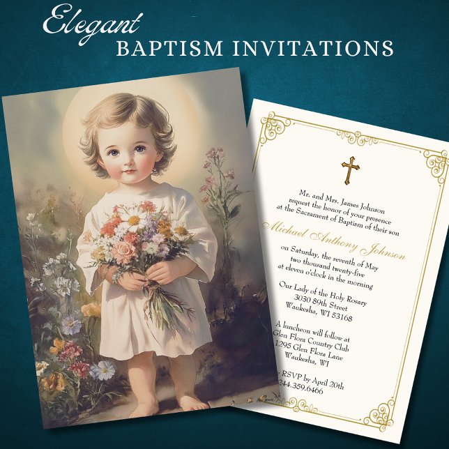 Invitación Baptismo Católico Niño Floral Jesús (Subido por el creador)