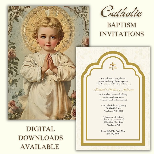 Invitación Baptismo Católico Oración Floral Jesús (Subido por el creador)
