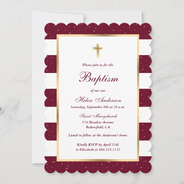 Invitación Baptismo Chica a rayas de la Cruz Roja de Oro de B (Anverso)
