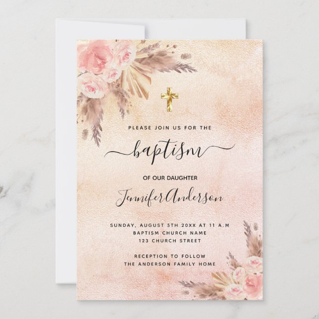 Invitación Baptismo chica boho pampas hierba rosa oro rosa (Anverso)