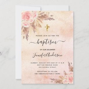 Invitación Baptismo chica boho pampas hierba rosa oro rosa