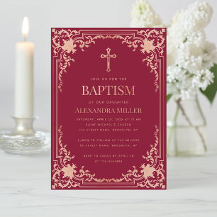 Invitación Baptismo chica Borgoña Rosa Rosa Cruz de Oro Elega