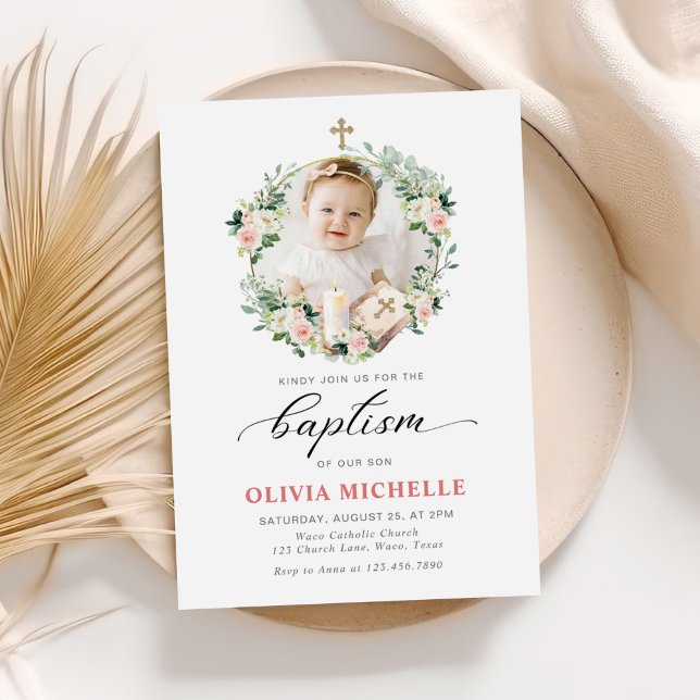 Invitación Baptismo chica Christening Floral Photo (Subido por el creador)