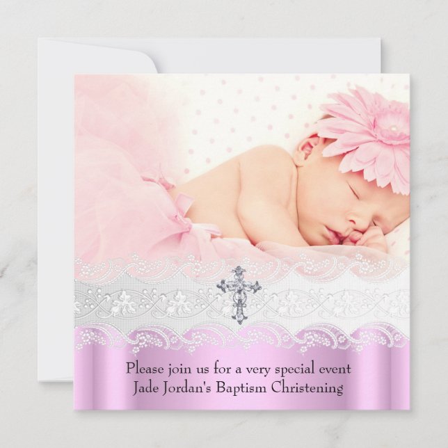 Invitación Baptismo Chica cruz de foto de encaje blanco rosad (Anverso)