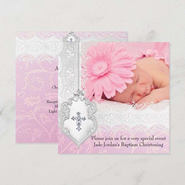 Invitación Baptismo Chica cruz de foto de encaje blanco rosad (Anverso / Reverso)