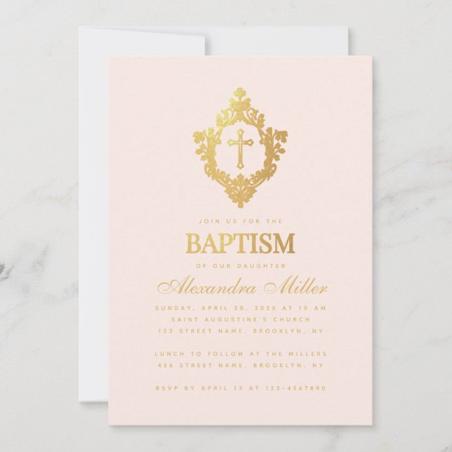 Invitación Baptismo chica Cruz de Oro Rosa en Rubor Escudo (Anverso)