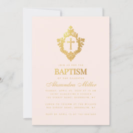 Invitación Baptismo chica Cruz de Oro Rosa en Rubor Escudo