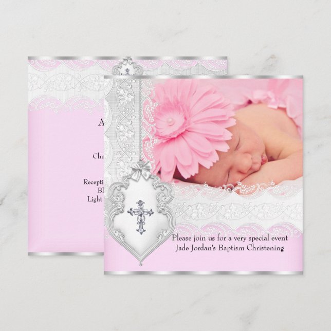 Invitación Baptismo Chica cruzado de la imagen de encaje blan (Anverso / Reverso)