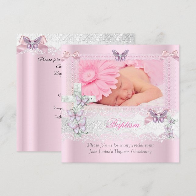 Invitación Baptismo Chica cruzado de mariposa con foto de enc (Anverso / Reverso)