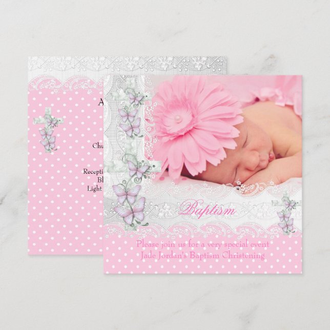 Invitación Baptismo Chica cruzado de mariposa rosa de encaje  (Anverso / Reverso)