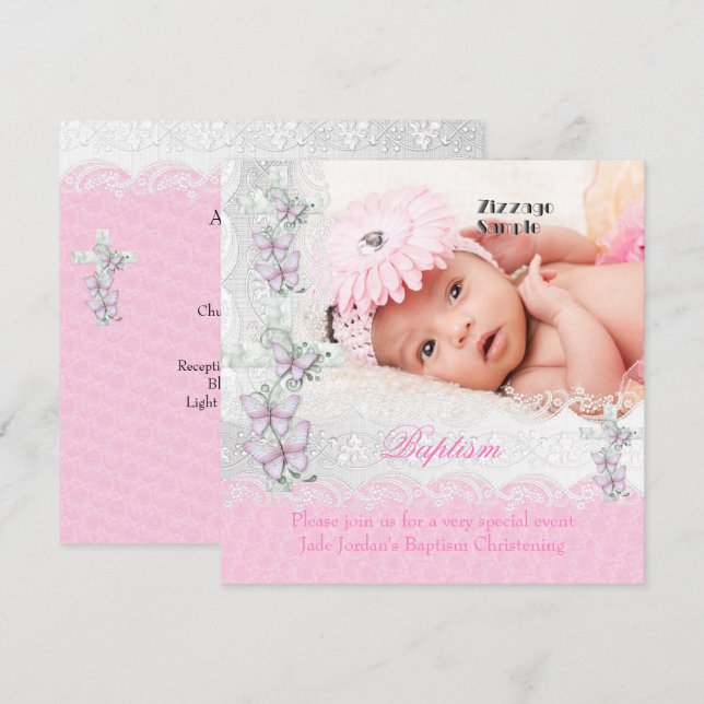Invitación Baptismo Chica cruzado de mariposa rosa de encaje  (Anverso / Reverso)