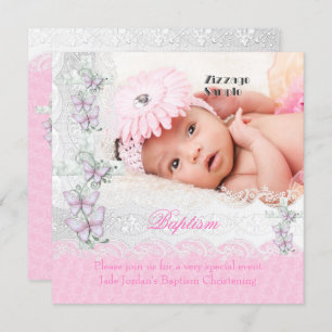 Invitación Baptismo Chica cruzado de mariposa rosa de encaje