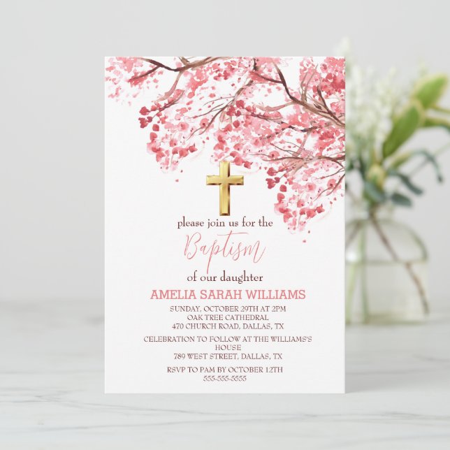 Invitación Baptismo Chica de cruz floral elegante con flores  (Anverso de pie)