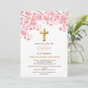 Invitación Baptismo Chica de cruz floral elegante con flores 